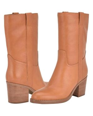 Nine West Hess Boots Leather Side Zip Almond Toe Mid Calf Lion840 - Brown