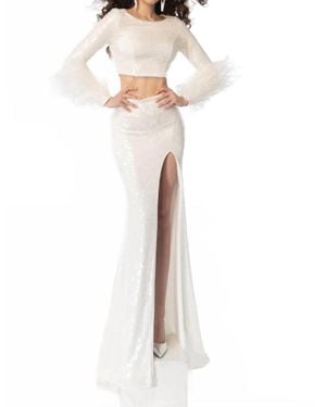Ava Presley Sequin Set With Feathered Sleeves - White
