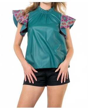 Thml Embroidered Flutter Sleeve Leather Top - Blue