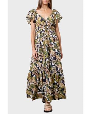 Moon River Flutter Sleeve Tiered Midi Dress - Multicolor