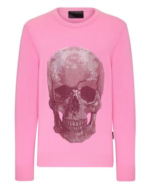 Philipp Plein Cashmere Pullover Round Neck Ls Iconic Plein With Crystals - Pink