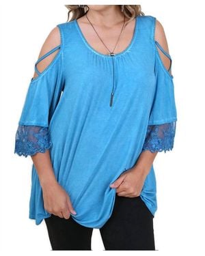 Umgee Washed Cold Shoulder Lace Trim Top - Blue