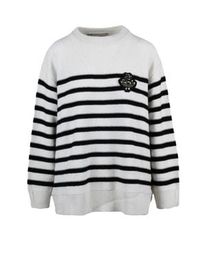 ERMANNO FIRENZE Crew Neck Sweater With Rhinestone Detail And Striped Design - White