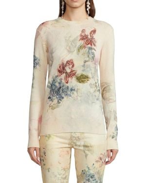 Ralph Lauren Pre-Loved Cashmere Watercolor Floral Print Sweater With Beaded Embellishments - Natural