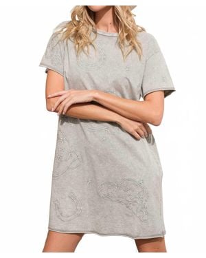 Blue B Garment Washed Crew Neck Embroidered T Shirt Dress - Gray