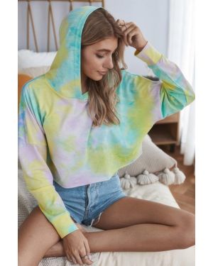 TRUEDAMES Tie Dye Crop Loose Pullover Hoodie - Yellow
