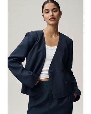 Maeve Collarless Cropped Blazer Jacket - Blue