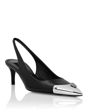 Philipp Plein Leather Slingback Shoes Skull Strass - White