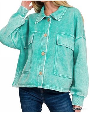 Zenana Acid Wash Fleece Cropped Shacket With Front Pockets - Green