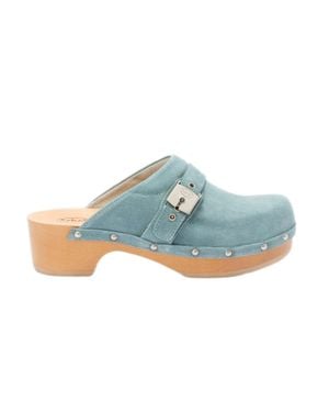 Scholl Light Suede Clogs With Buckle And Wooden Base - Blue