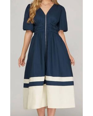 She + Sky Bubble Sleeve Front Zip Midi Dress With Pockets - Blue