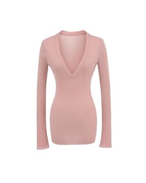 TRUEDAMES Deep V Neck Sheer T-Shirt - Pink