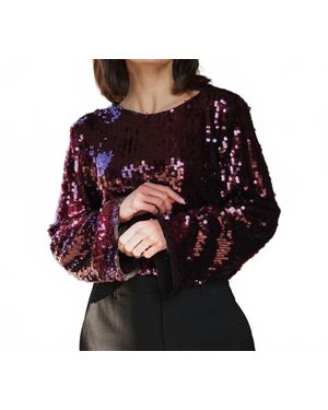 EsQualo Diana Flared Sleeve Sequin Top - Brown