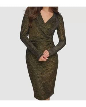 Calvin Klein Metallic Faux Wrap Sheath Dress - Green