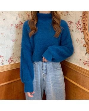 TRUEDAMES High-Neck Faux Fur Knit Sweater - Blue