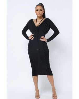 TRUEDAMES Long Sleeve Midi Dress With Low V Neck Front And Back With Ruching On Sides And Chest - Black