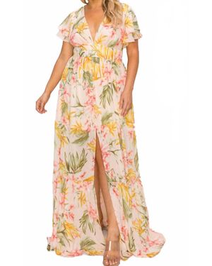 Miss Avenue Chiffon Short Sleeve Button Down Detail Maxi Dress - Multicolor