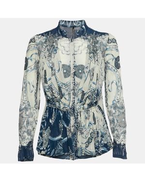 Roberto Cavalli Floral Print Silk Chiffon Top - Blue