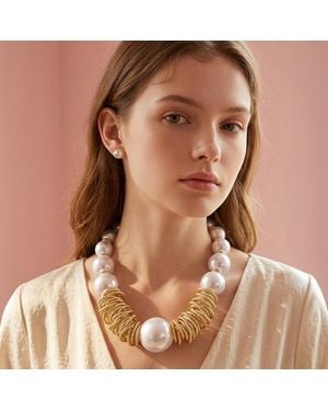 Fashnzfab Chunky Abstract Pearl Beaded Statement Necklace - Brown