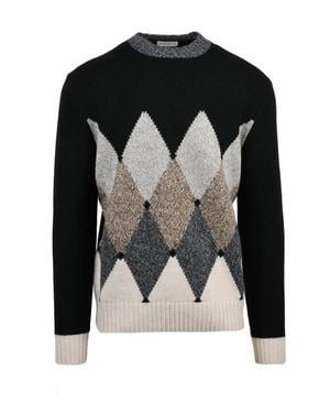 Ballantyne Argyle Pattern Wool Crewneck Sweater - Black