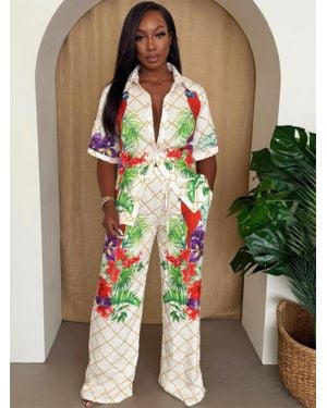 TRUEDAMES Tropical Parrot Print Shirt & Pant Set - Multicolor