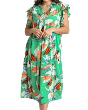 Umgee Floral Print Collared Midi Dress - Green