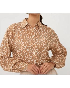 EsQualo Abstract Print Button Down Blouse - Brown