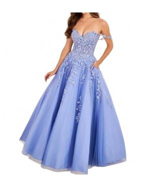 Ellie Wilde Off The Shoulder Floral Prom Dress - Blue