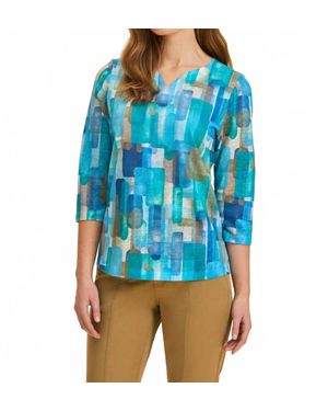 Fdj 3/4 Sleeve Notch Neck Top - Blue