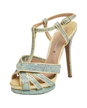 Nicholas Kirkwood Cream Patent Leather And Glitter T Strap Platform Sandals - Blue