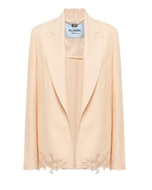 Blugirl Blumarine Boxy Linen-Viscose Satin Jacket With Belt And Floral Lace Detailing - Natural