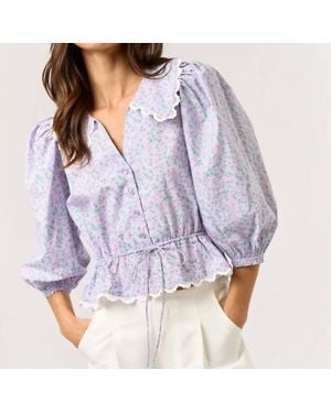 Lalavon Floral Print Puff Sleeve Top - Purple