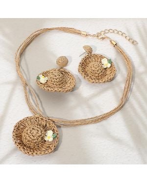 Fashnzfab Floral Point Raffia Sun Hat Pendant Multi Strand Necklace - Metallic