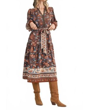 ..,merci Floral Border Print Belted Midi Dress - Brown