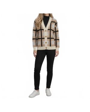 Allie Rose Windowpane Plaid Button-Front Knit Cardigan - Brown