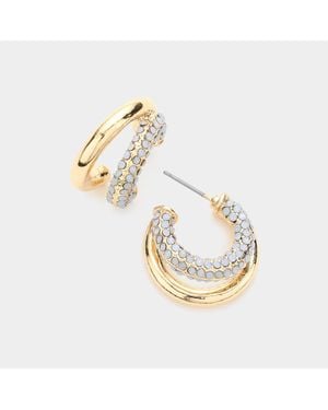 Fashnzfab Rhinestone Embellished Split Metal Hoop Earrings - Metallic