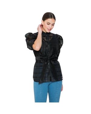Fashnzfab A See-Thru Mini Length Organza Top - Black