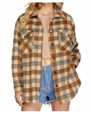 She + Sky Plaid Button Shacket - Brown