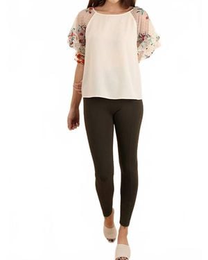 Umgee Floral Embroidered Layered & Ruffled Sleeve Top - Natural