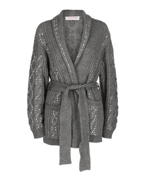 Valentino Embellished Cable-Knit Belted Cardigan Sweater - Gray