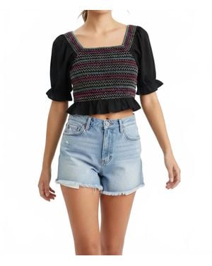 Savanna Jane Smocked Crop Top With Colorful Embroidered Front - Blue