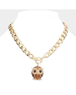 Fashnzfab Stone Embellished Owl Pendant Toggle Necklace - Metallic
