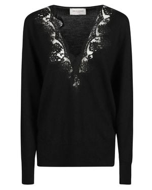 ERMANNO FIRENZE Delicate Lace-Trimmed V-Neck Wool Sweater - Black