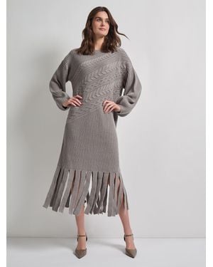 Misook Oversized Cable Knit Wool Blended Sheath Maxi Dress - Gray