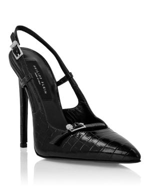Philipp Plein Slingback High Heels Crocco Print Buckle Skull - Black