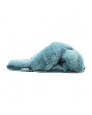Infinity Leather Sheepskin Slippers Warm Winter Fur Crossover - Blue