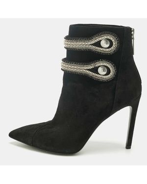Balmain Suede Crystal Embellished Ankle Length Boots - Black