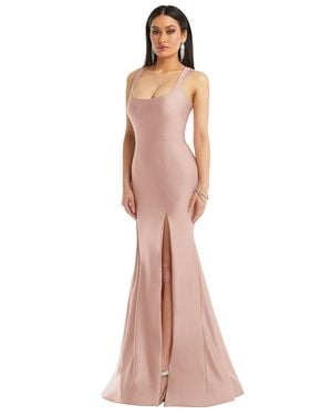 Cynthia & Sahar Square Neck Stretch Satin Mermaid Dress With Slight Train - Natural