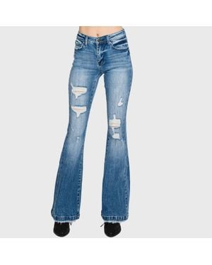 Petra153 Distressed Mid Rise Flare Jeans - Blue