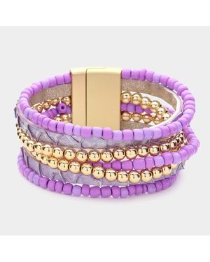 Fashnzfab Metal Ball Beads Beaded Faux Leather Magnetic Bracelet - Purple